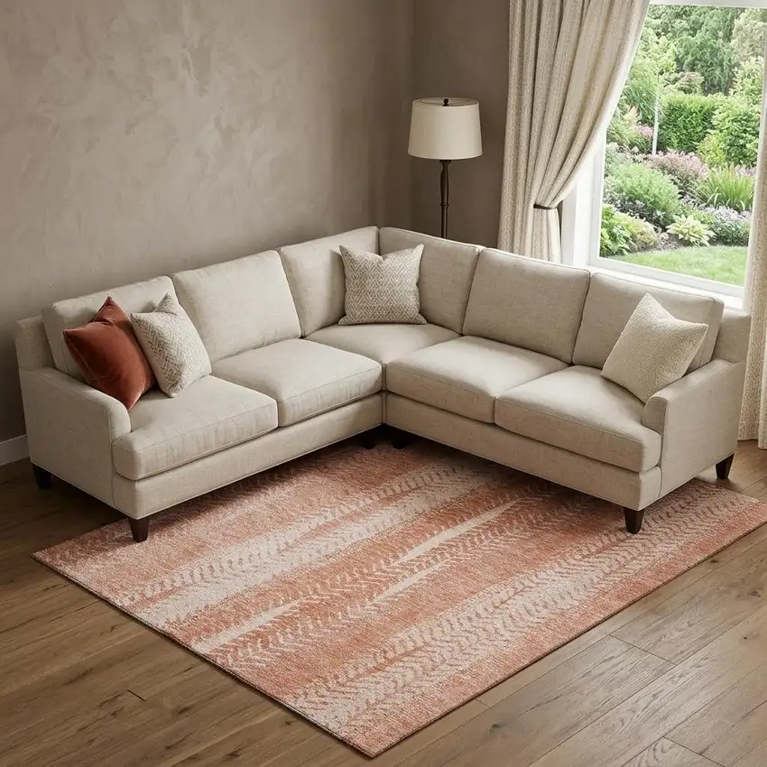 Coral And Ivory Striped Washable Area Rug With UV Protection Photo 1