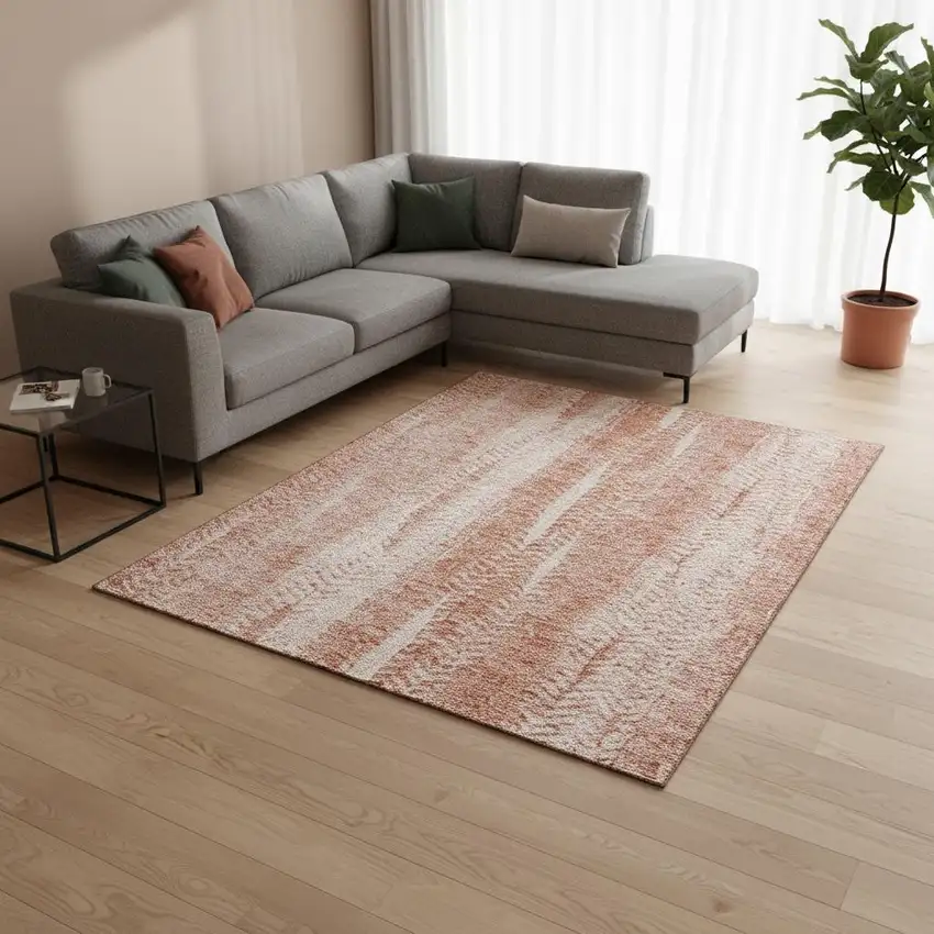 Coral And Ivory Striped Washable Area Rug With UV Protection Photo 1