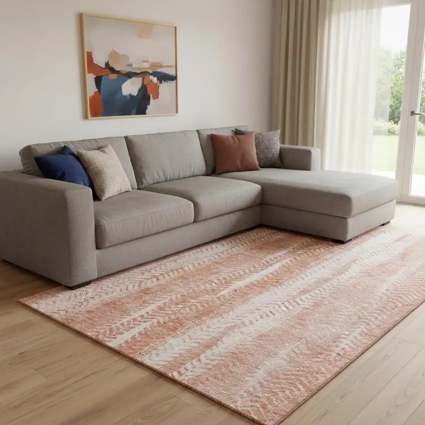 Coral And Ivory Striped Washable Area Rug With UV Protection Photo 1