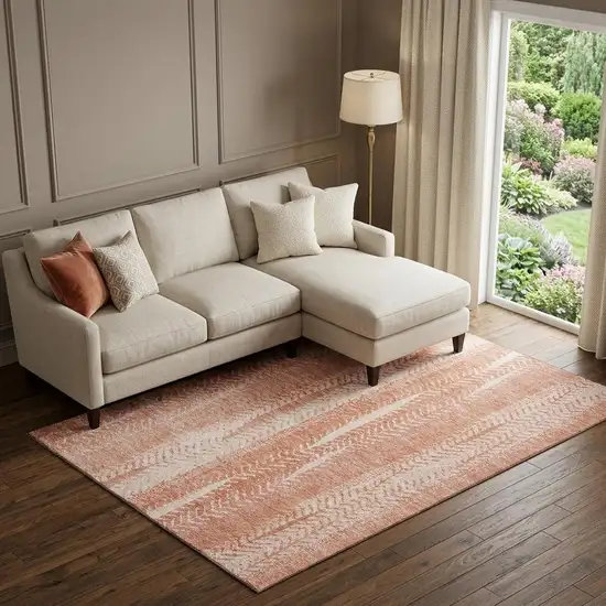 Coral And Ivory Striped Washable Area Rug With UV Protection Photo 1