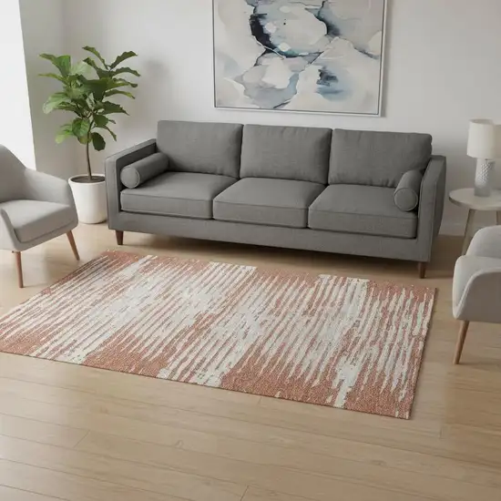 Coral And Ivory Striped Washable Area Rug With UV Protection Photo 2