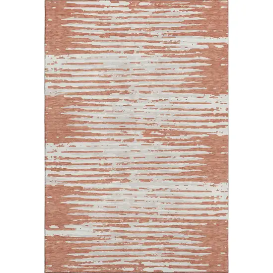 Coral And Ivory Striped Washable Area Rug With UV Protection Photo 1