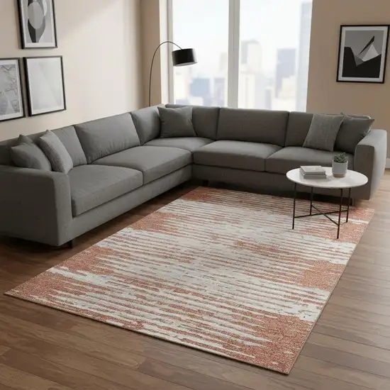 Coral And Ivory Striped Washable Area Rug With UV Protection Photo 2