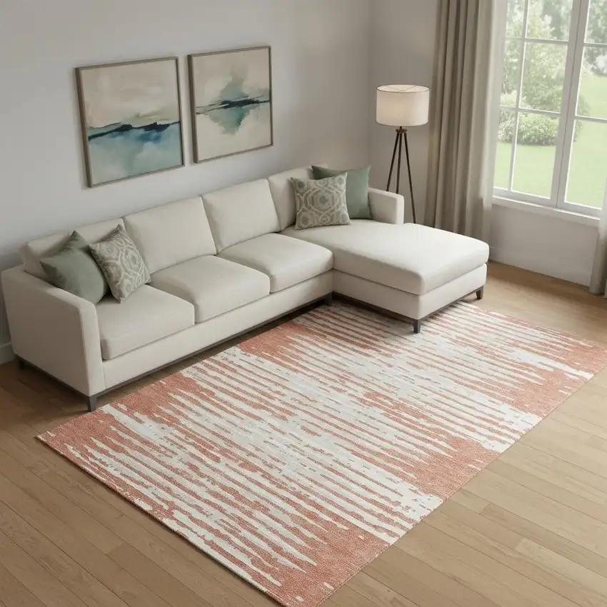 Coral And Ivory Striped Washable Area Rug With UV Protection Photo 1