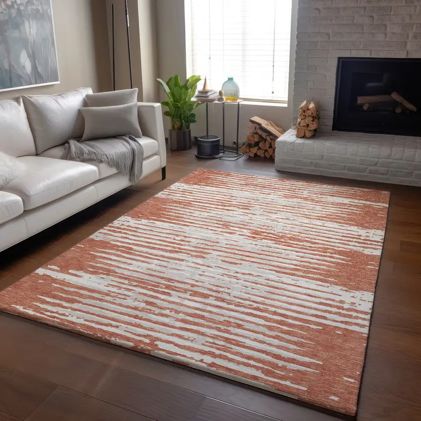 Coral And Ivory Striped Washable Area Rug With UV Protection Photo 6