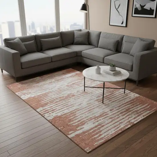 Coral And Ivory Striped Washable Area Rug With UV Protection Photo 2