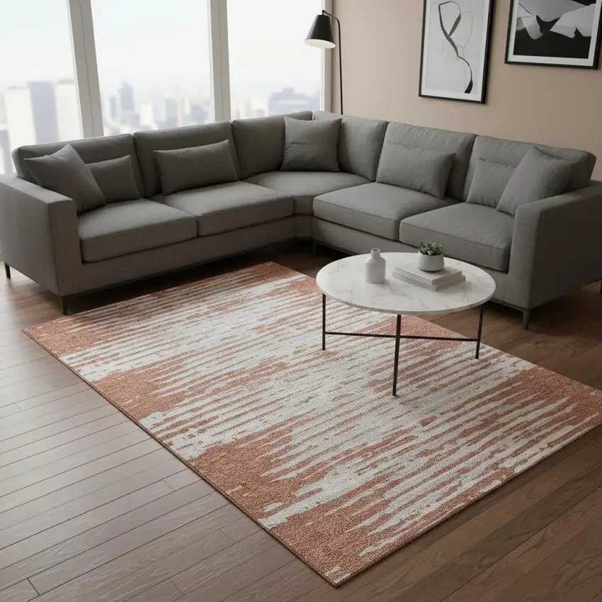 Coral And Ivory Striped Washable Area Rug With UV Protection Photo 2