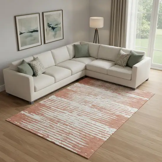 Coral And Ivory Striped Washable Area Rug With UV Protection Photo 1