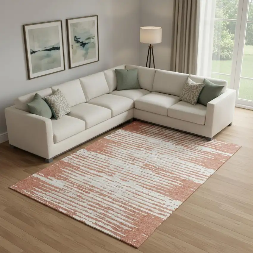 Coral And Ivory Striped Washable Area Rug With UV Protection Photo 1