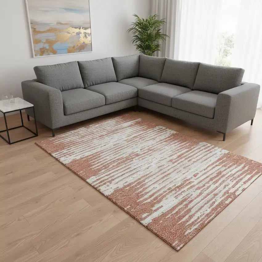 Coral And Ivory Striped Washable Area Rug With UV Protection Photo 2