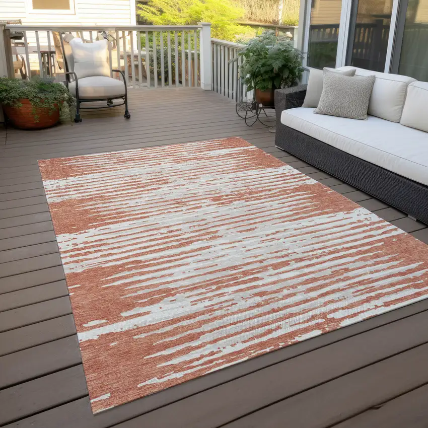 Coral And Ivory Striped Washable Indoor Outdoor Area Rug Photo 8