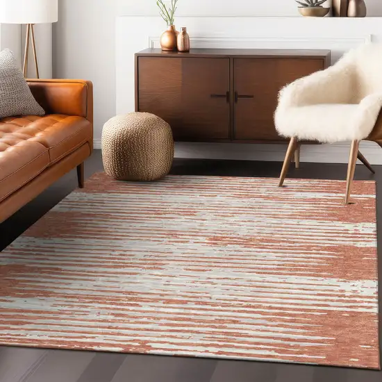 Coral And Ivory Striped Washable Indoor Outdoor Area Rug Photo 9