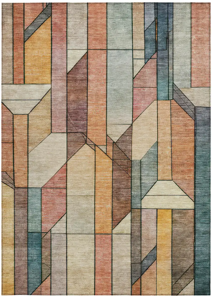 Coral And Orange Geometric Washable Indoor Outdoor Area Rug Photo 1