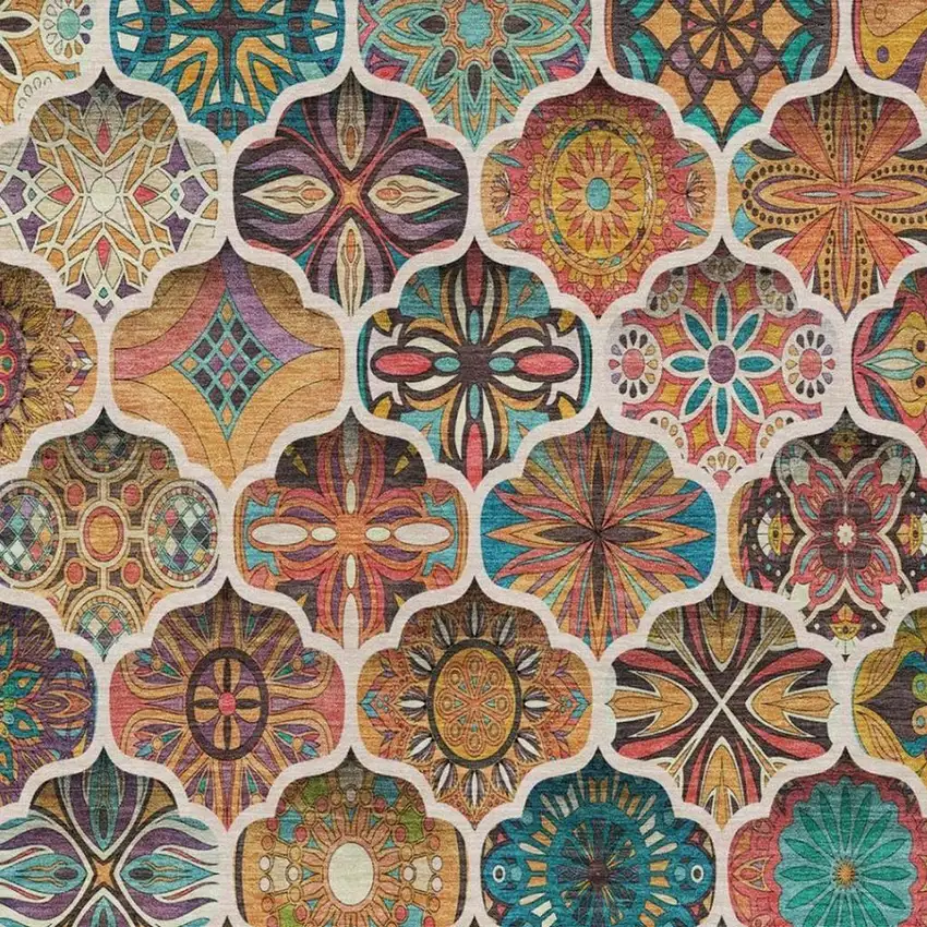 Coral And Orange Ogee Washable Indoor Outdoor Area Rug Photo 1