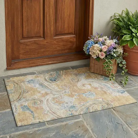Coral And Orange Paisley Washable Indoor Outdoor Area Rug Photo 1