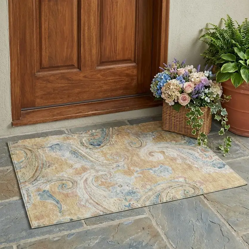 Coral And Orange Paisley Washable Indoor Outdoor Area Rug Photo 1