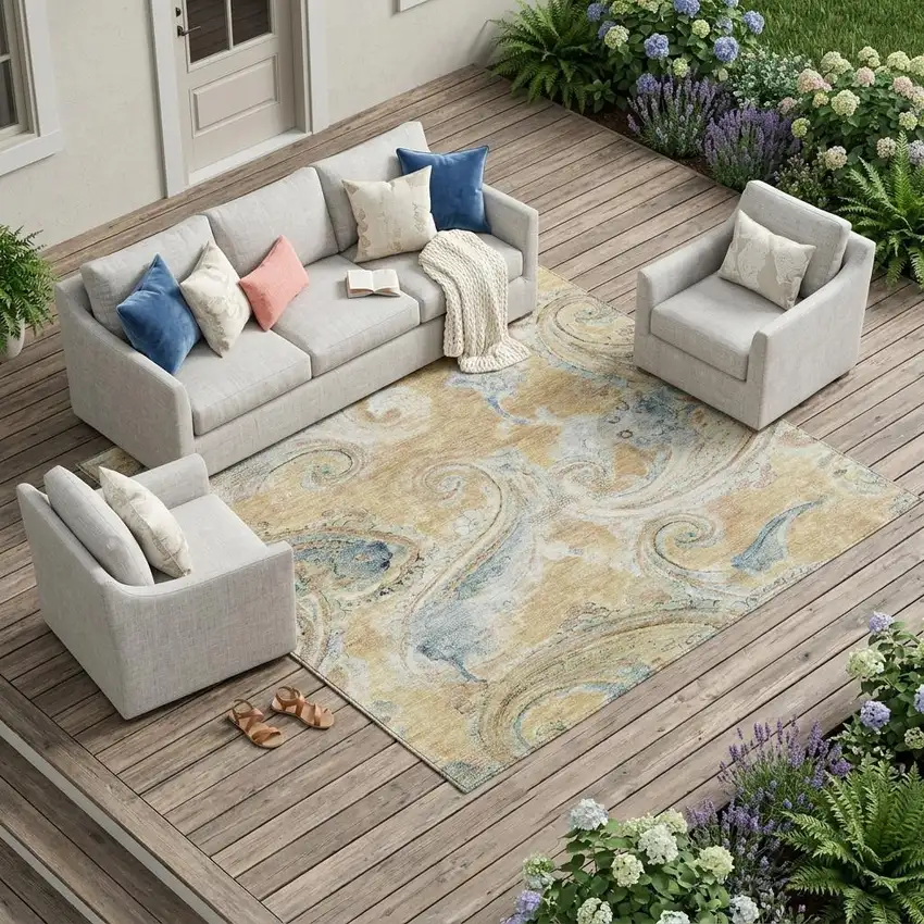 Coral And Orange Paisley Washable Indoor Outdoor Area Rug Photo 1