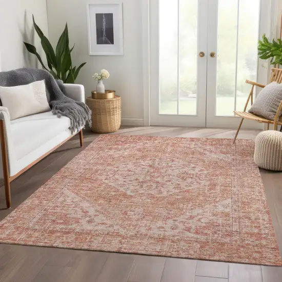 Coral And Pink Oriental Washable Indoor Outdoor Area Rug Photo 9