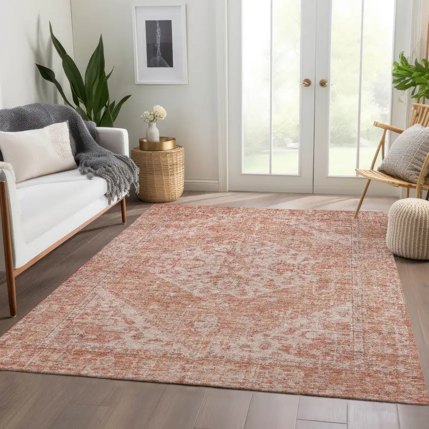 Coral And Pink Oriental Washable Indoor Outdoor Area Rug Photo 9