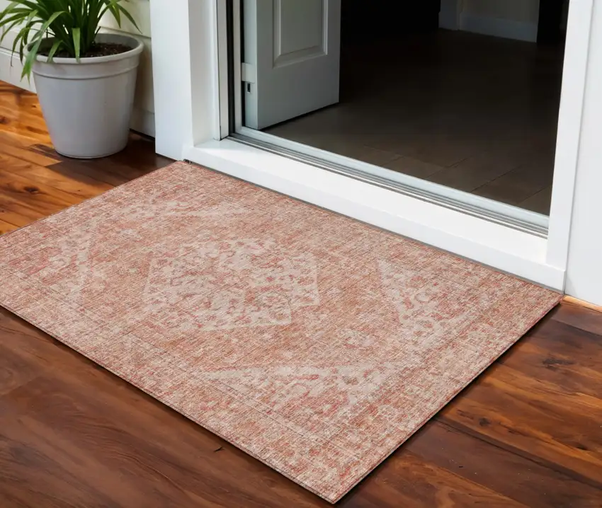Coral And Pink Oriental Washable Indoor Outdoor Area Rug Photo 1