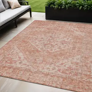 Photo of Coral And Pink Oriental Washable Indoor Outdoor Area Rug