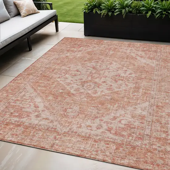Coral And Pink Oriental Washable Indoor Outdoor Area Rug Photo 1