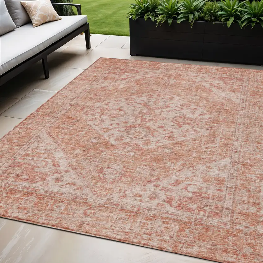Coral And Pink Oriental Washable Indoor Outdoor Area Rug Photo 1
