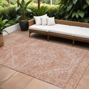 Photo of Coral And Pink Oriental Washable Indoor Outdoor Area Rug