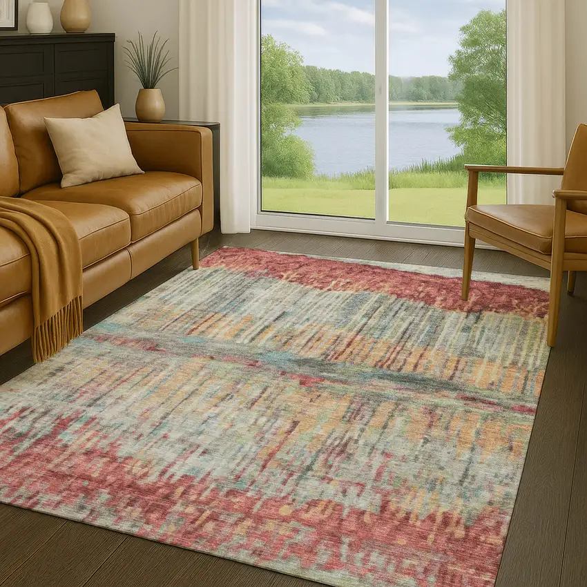 Coral And Sage Abstract Washable Indoor Outdoor Area Rug Photo 5