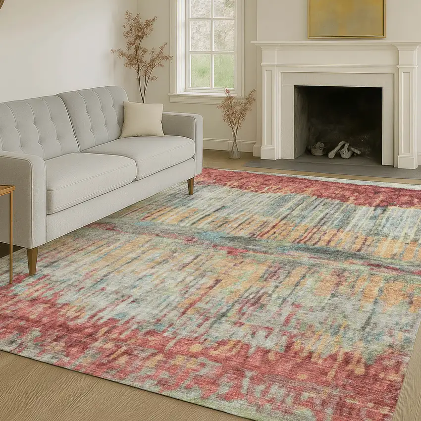 Coral And Sage Abstract Washable Indoor Outdoor Area Rug Photo 6