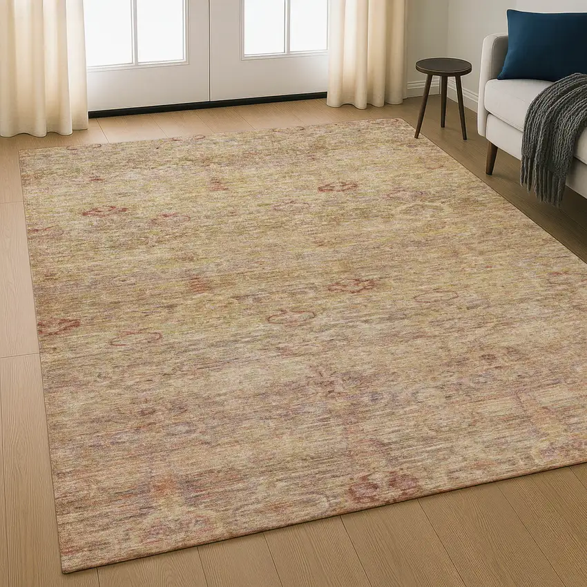 Coral And Taupe Abstract Washable Area Rug With UV Protection Photo 5