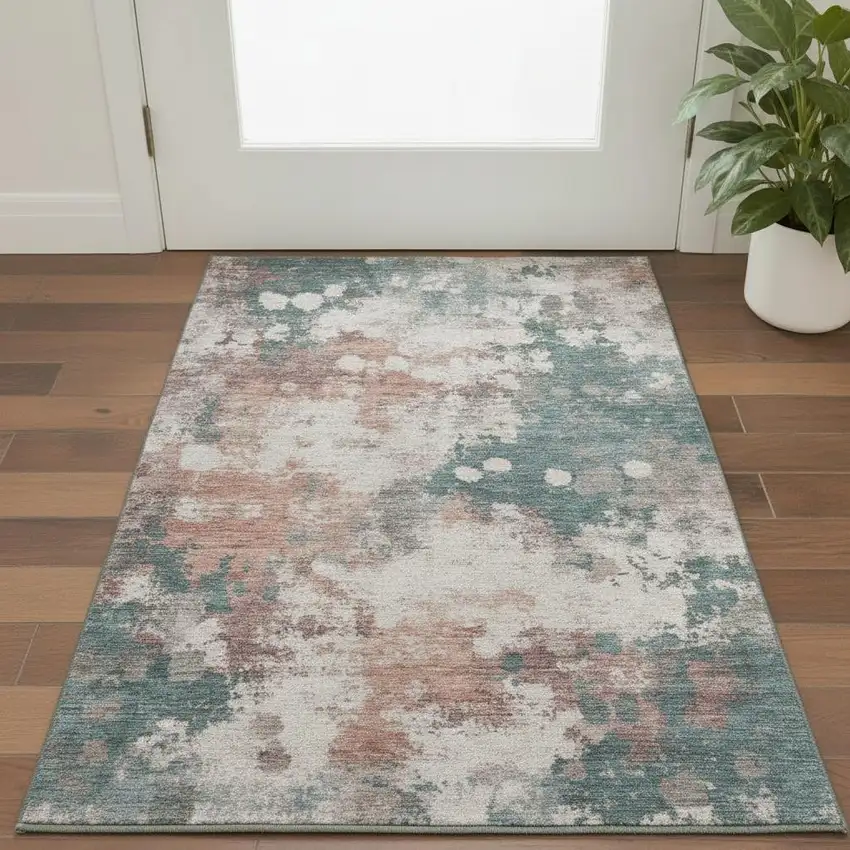 Coral And Teal Abstract Washable Area Rug With UV Protection Photo 2