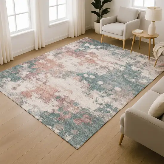 Coral And Teal Abstract Washable Area Rug With UV Protection Photo 6