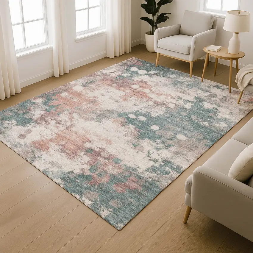 Coral And Teal Abstract Washable Area Rug With UV Protection Photo 6