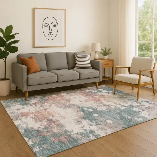 Coral And Teal Abstract Washable Area Rug With UV Protection Photo 5