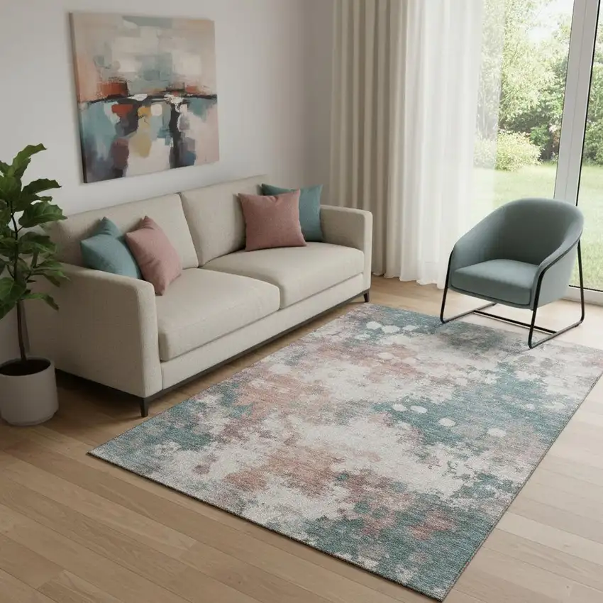 Coral And Teal Abstract Washable Area Rug With UV Protection Photo 2