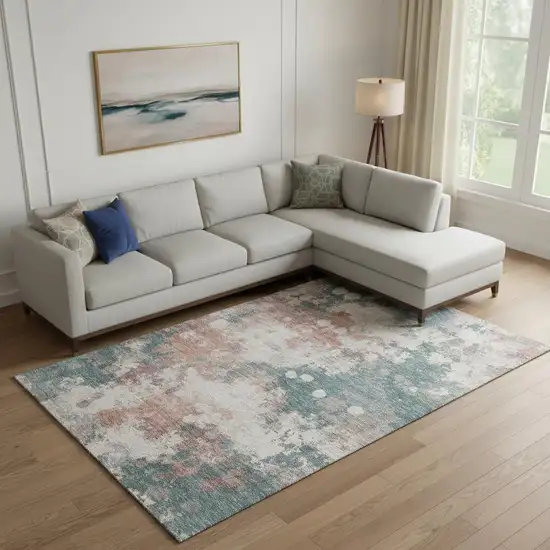 Coral And Teal Abstract Washable Area Rug With UV Protection Photo 2