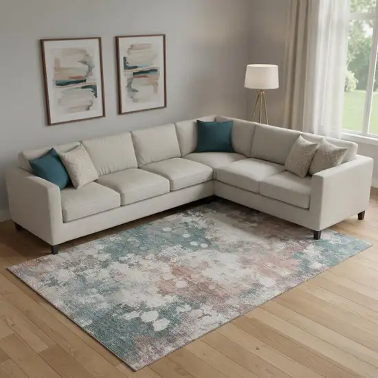 Coral And Teal Abstract Washable Area Rug With UV Protection Photo 2