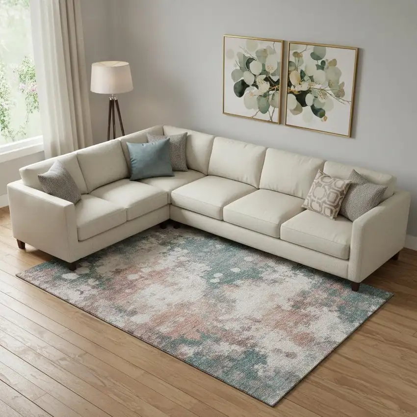 Coral And Teal Abstract Washable Area Rug With UV Protection Photo 2