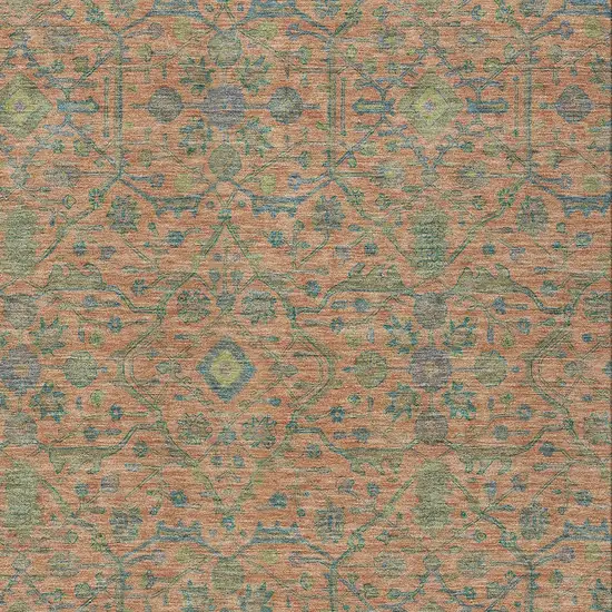 Coral And Teal Blue Floral Washable Indoor Outdoor Area Rug Photo 5