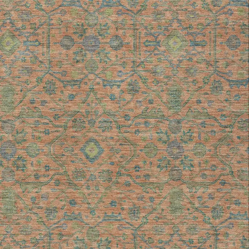 Coral And Teal Blue Floral Washable Indoor Outdoor Area Rug Photo 5