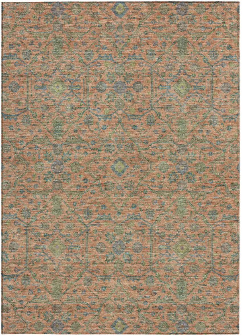 Coral And Teal Blue Floral Washable Indoor Outdoor Area Rug Photo 6