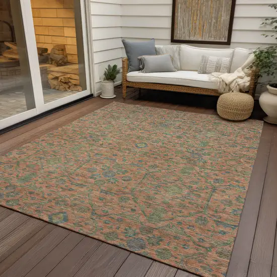 Coral And Teal Blue Floral Washable Indoor Outdoor Area Rug Photo 7