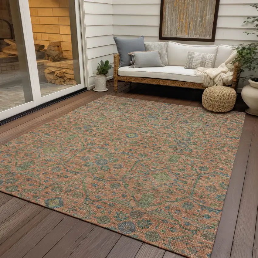Coral And Teal Blue Floral Washable Indoor Outdoor Area Rug Photo 7