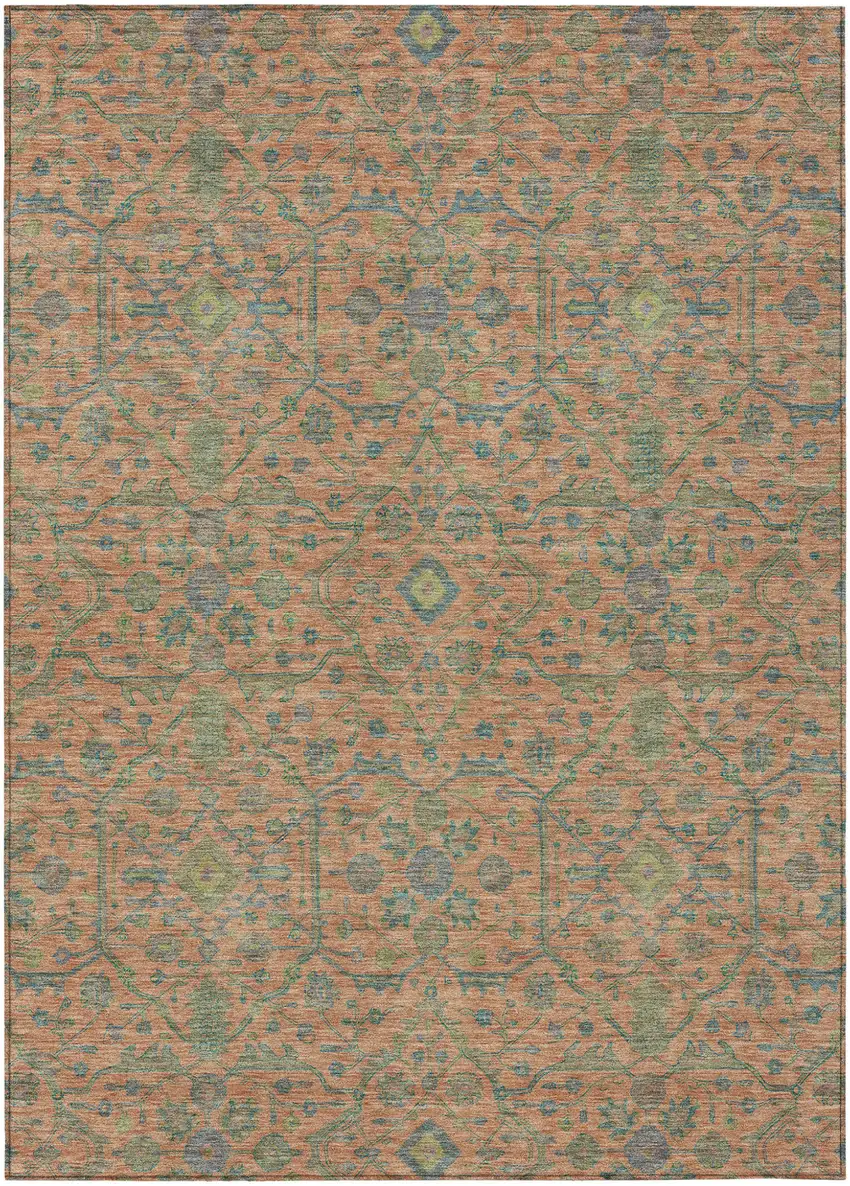 Coral And Teal Blue Floral Washable Indoor Outdoor Area Rug Photo 2