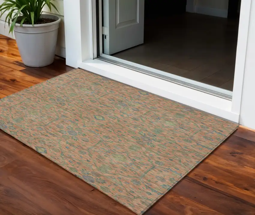 Coral And Teal Blue Floral Washable Indoor Outdoor Area Rug Photo 1