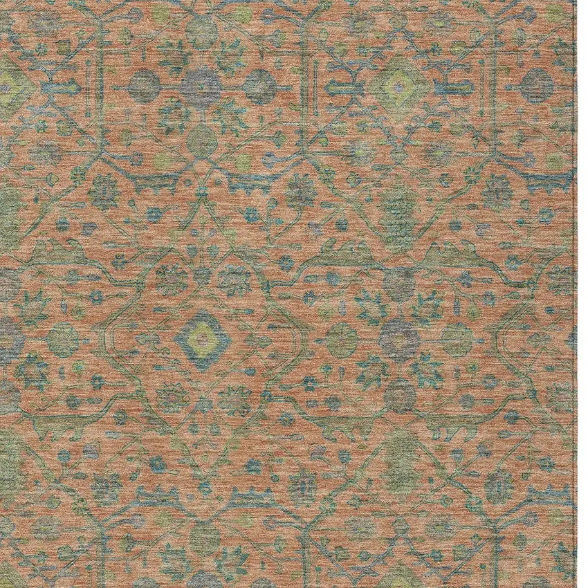 Coral And Teal Blue Floral Washable Indoor Outdoor Area Rug Photo 5