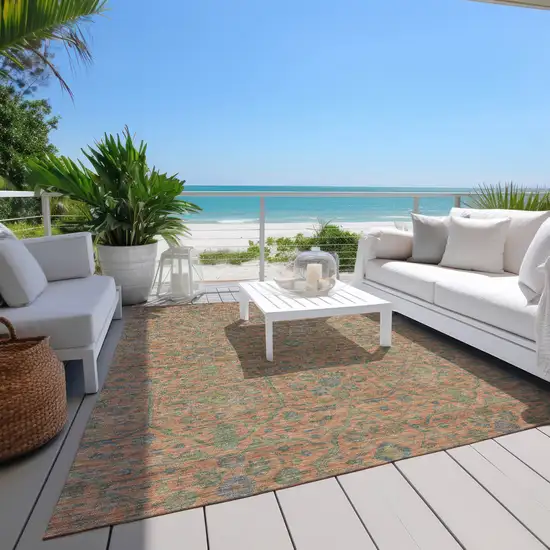 Coral And Teal Blue Floral Washable Indoor Outdoor Area Rug Photo 9