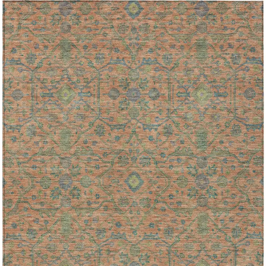 Coral And Teal Blue Floral Washable Indoor Outdoor Area Rug Photo 6
