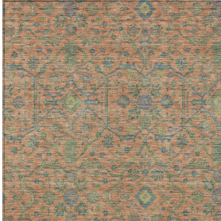 Coral And Teal Blue Floral Washable Indoor Outdoor Area Rug Photo 5